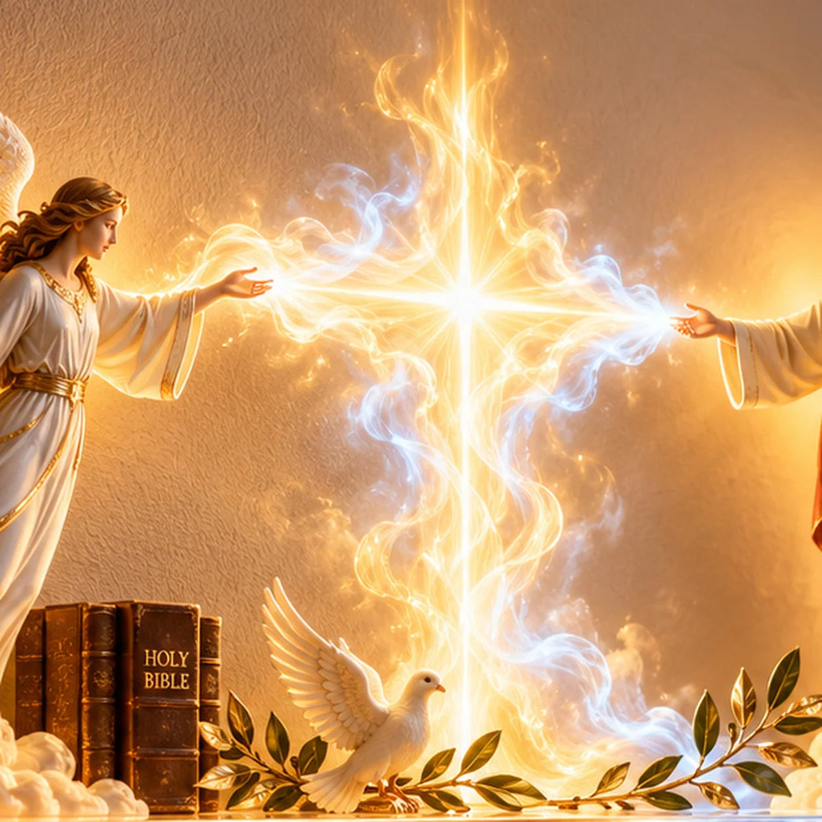 ✝️✨ Divine Light of Faith – 3D Illuminated Angel Wall Art with Glowing Cross & Heavenly Glow 🕊️