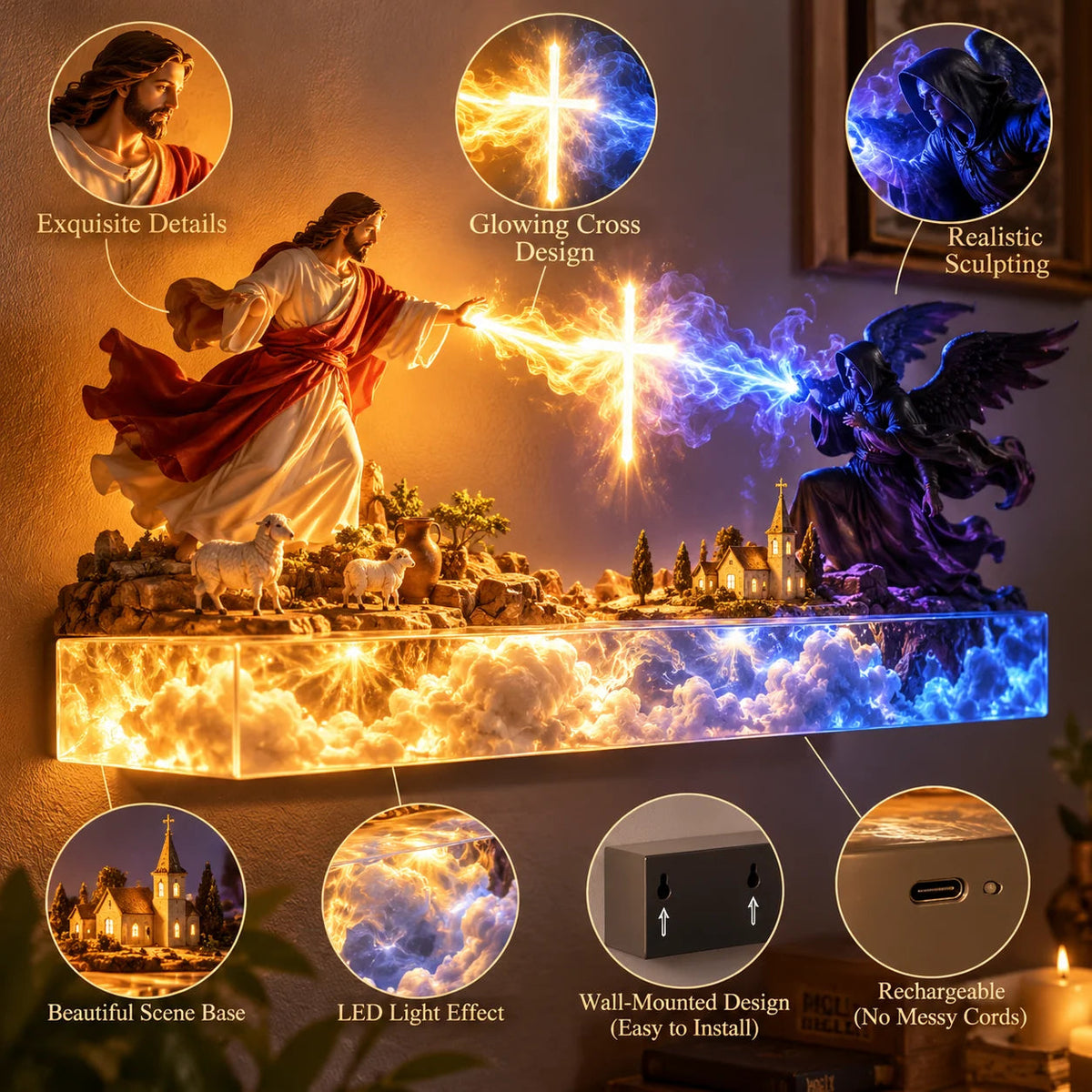 ✝️✨ Divine Light of Faith – 3D Illuminated Angel Wall Art with Glowing Cross & Heavenly Glow 🕊️