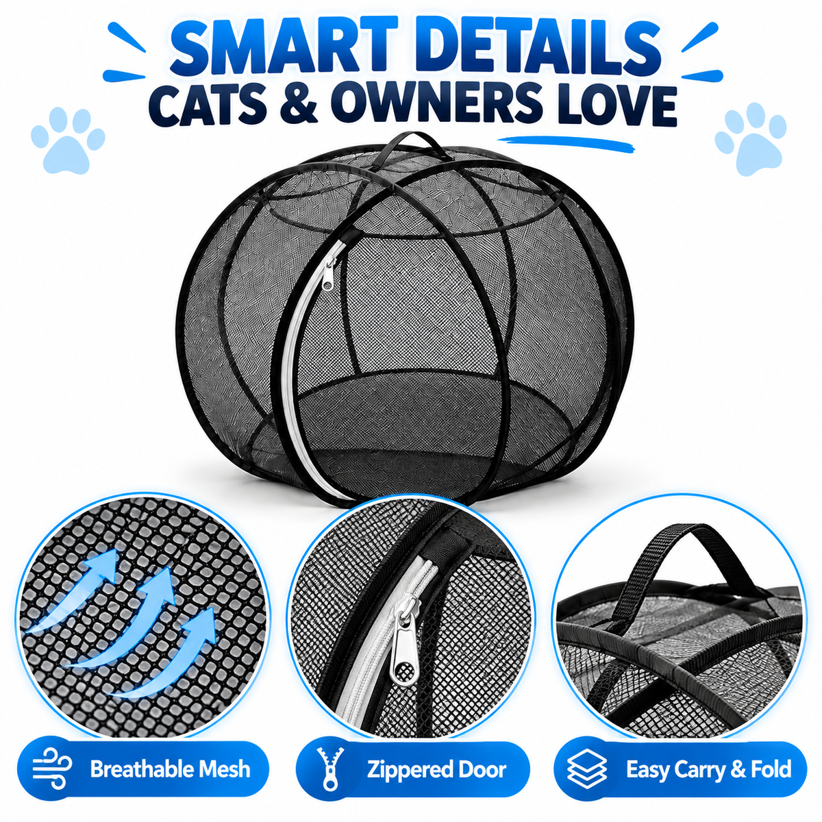 Cat playpen features including mesh zipper and carrying handle