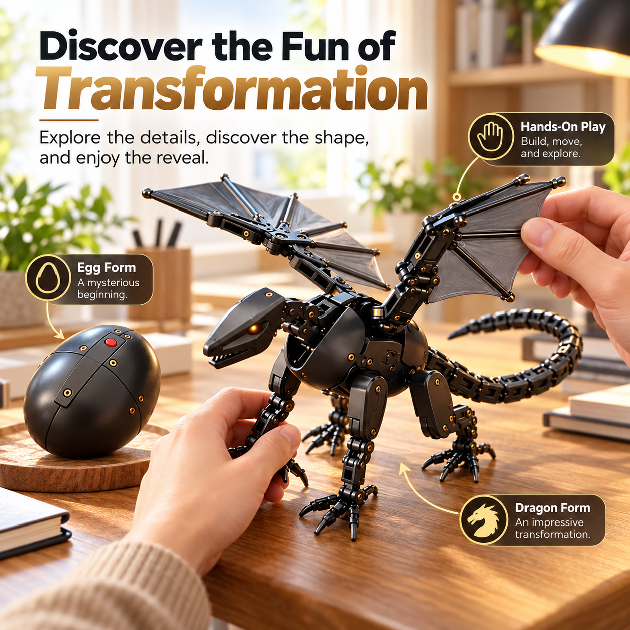 Hands exploring a mechanical dragon figure