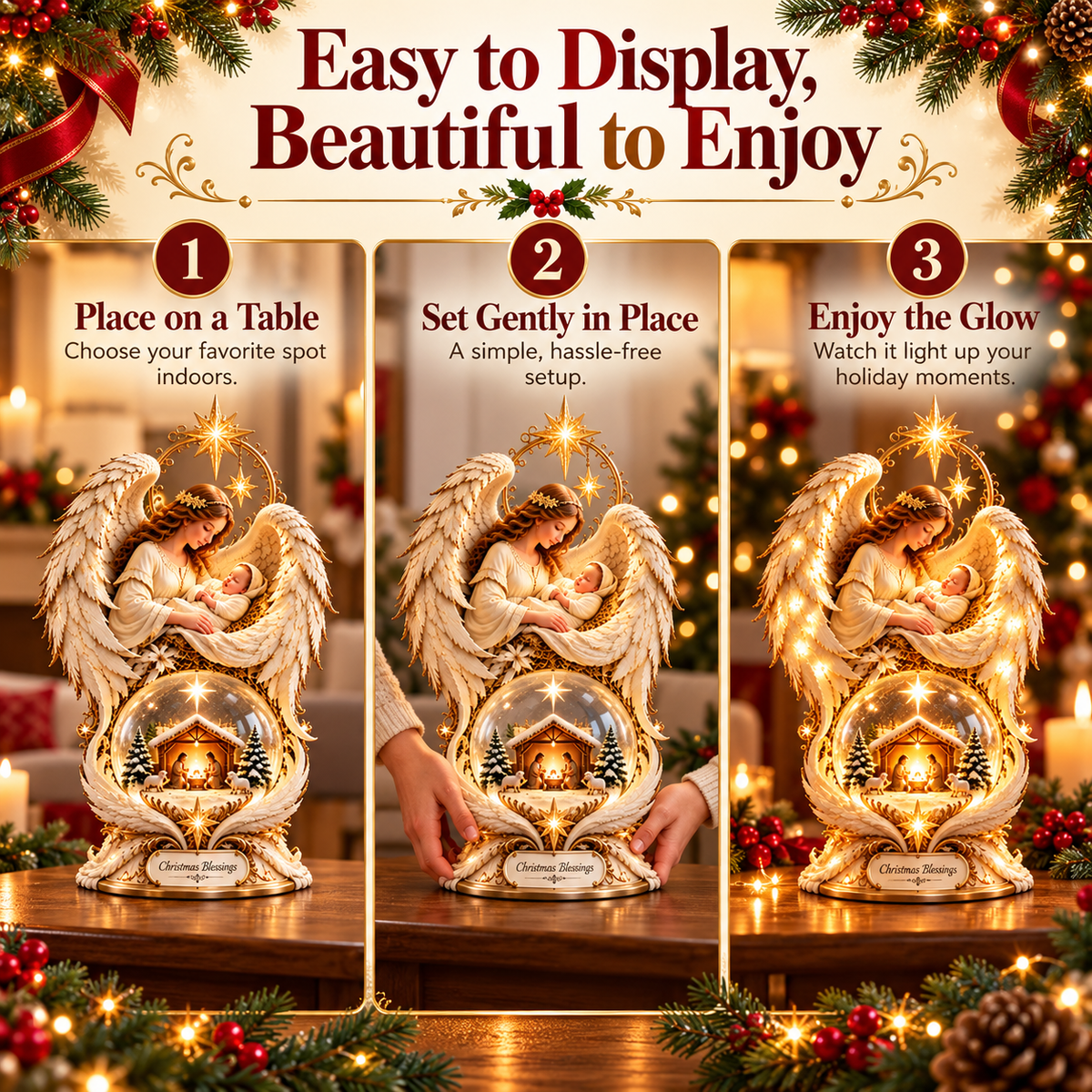 Three illustrated steps for placing and displaying the Christmas angel nativity light