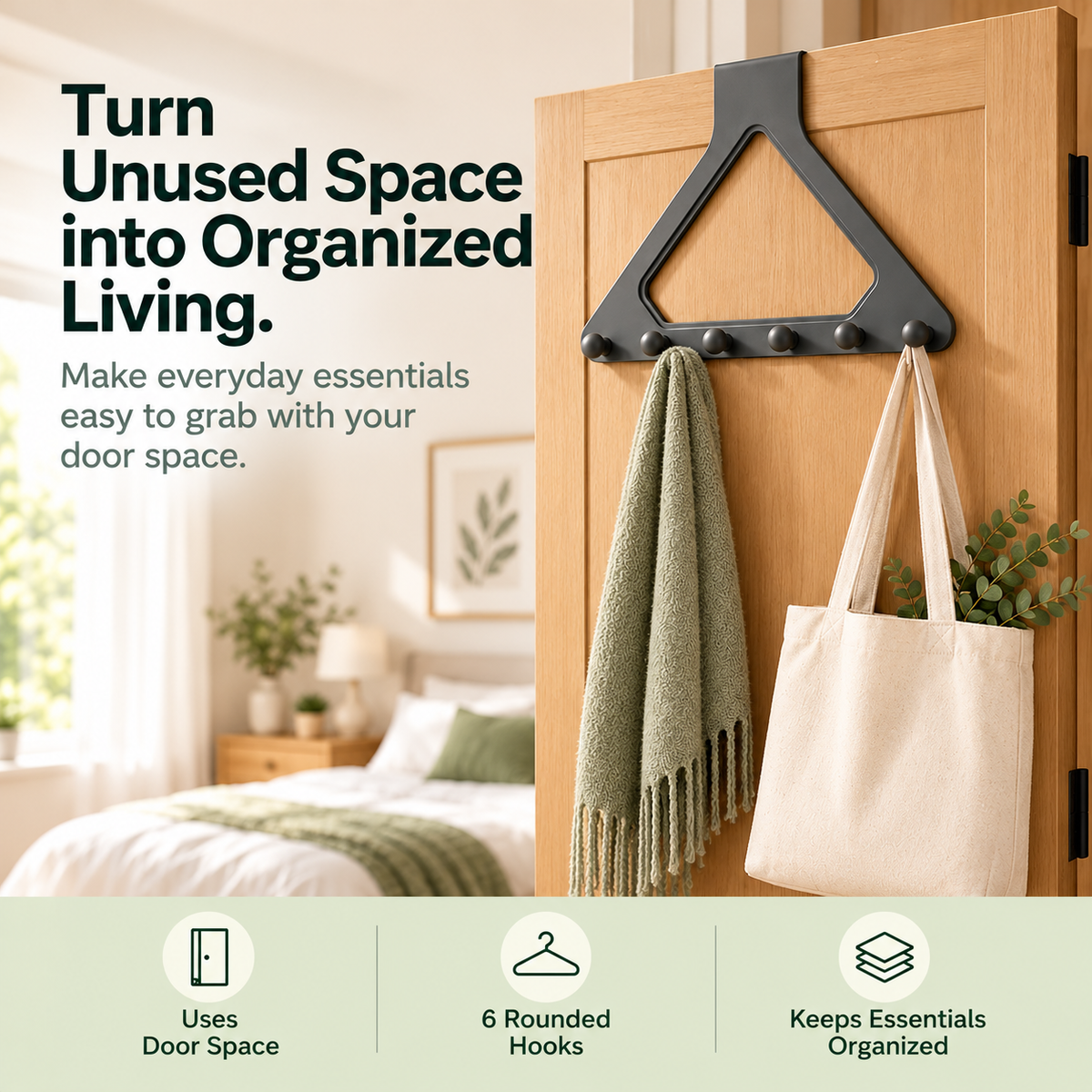 🚪 6-Hook Over-the-Door Organizer – No-Drill Triangle Hanging Rack for Clothes, Towels, Hats & Bags