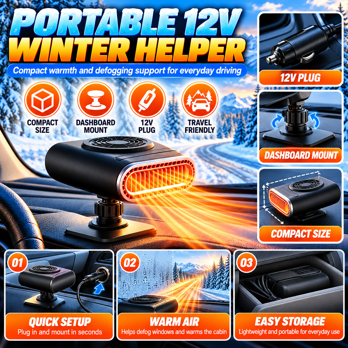 ❄️🔥 12V Portable Car Heater & Windshield Defogger – 360° Adjustable Fast Heating Fan for Winter Driving