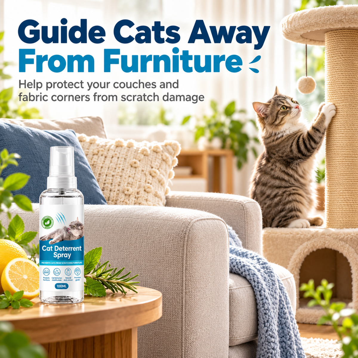 Cat using a scratching post beside the living room sofa