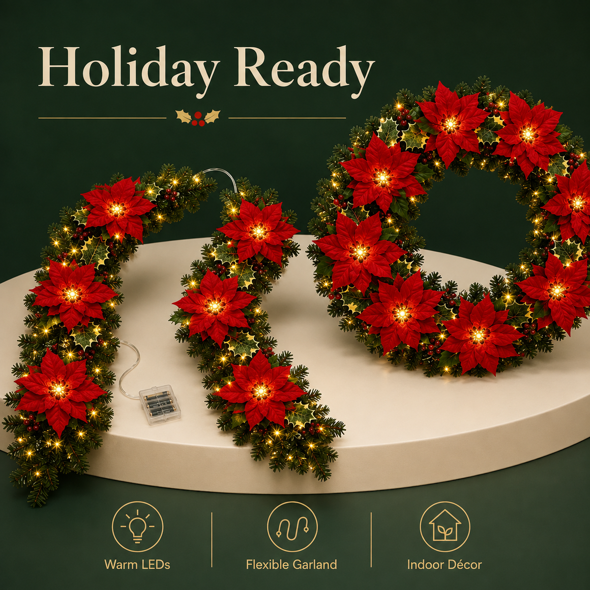 🎄 Poinsettia LED Garland Lights ✨ Magical Christmas Decor