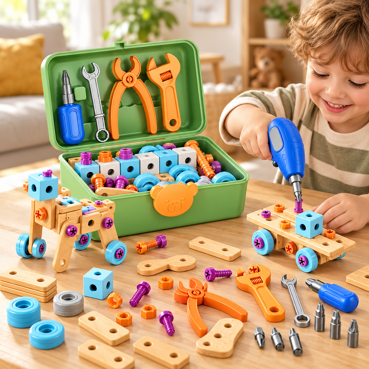 Child using a blue toy screwdriver to assemble a colorful DIY construction model