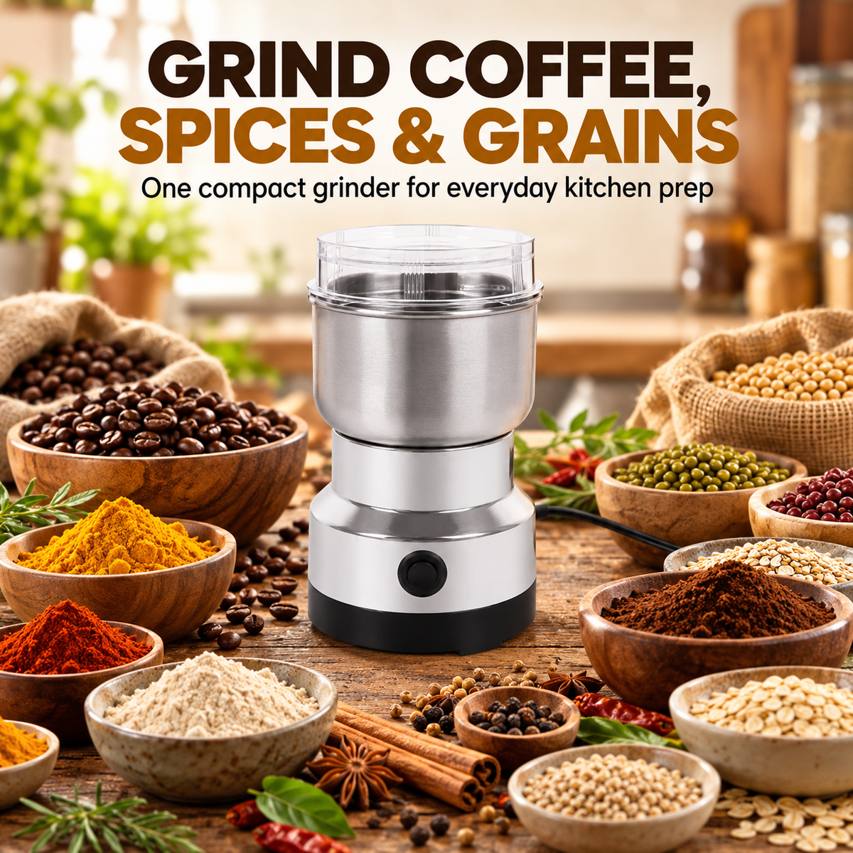 Coffee spices grains and dry ingredients with compact grinder