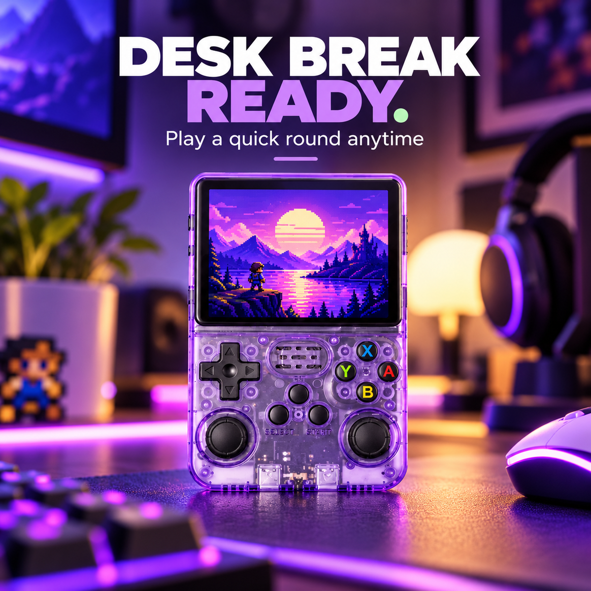 R36S handheld console featured in a gaming desk setup
