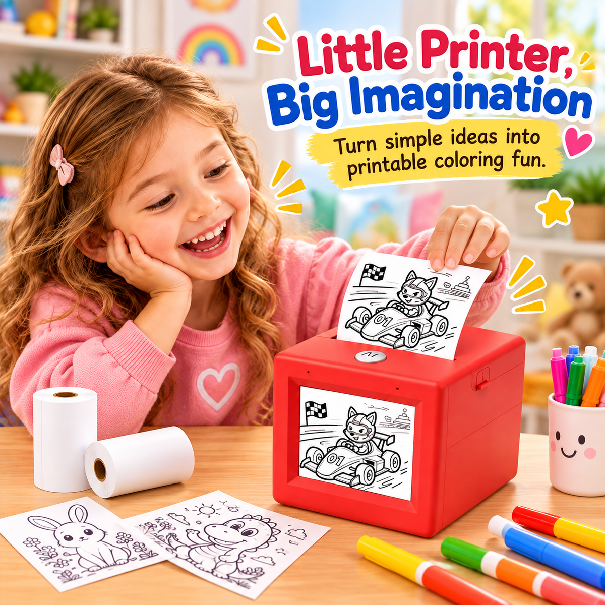Little girl enjoying the mini sticker printer and its printable illustrations