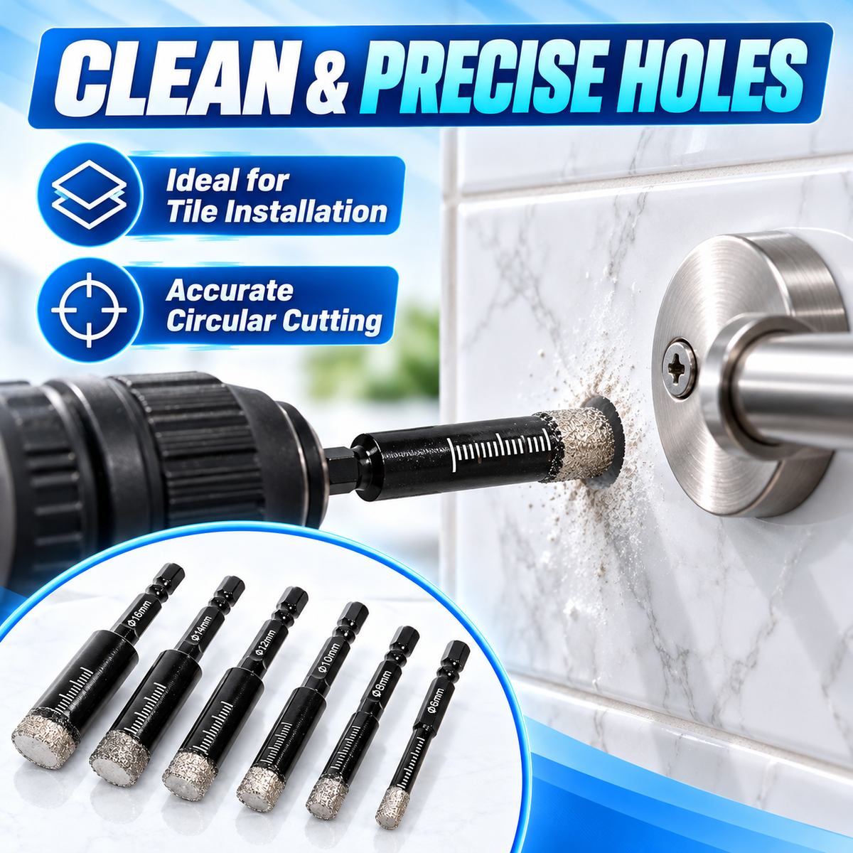 Diamond drill bit shown drilling a circular hole in wall tile