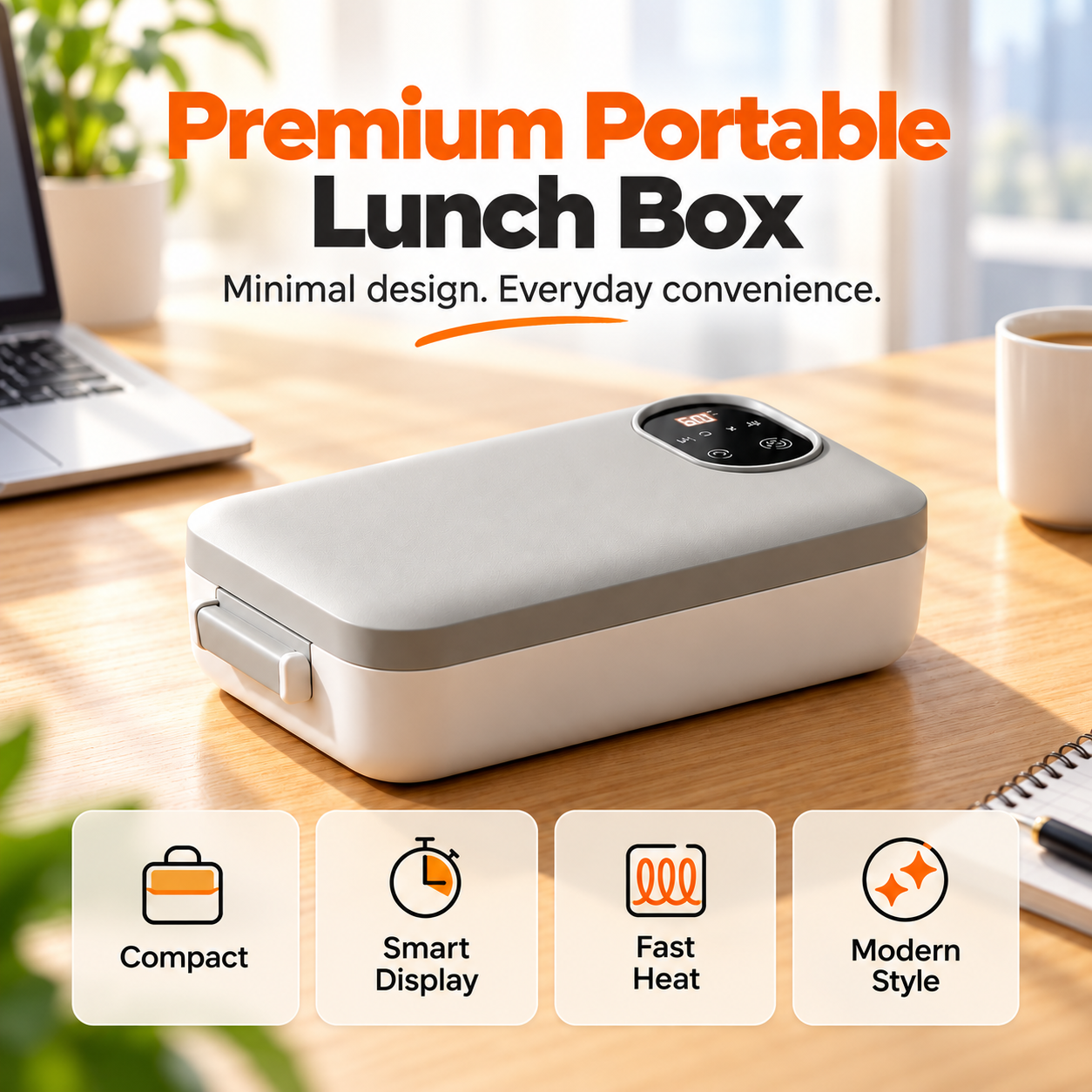 Premium portable electric lunch box with digital display and minimalist exterior