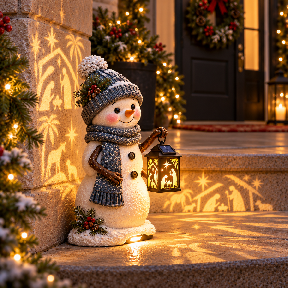 ⛄Snowman Nativity Glow – Solar Christmas Step Light with Holy Family Projection