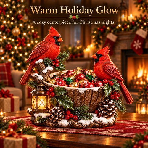 Cardinal Christmas Treat Bowl - lighted holiday tabletop decor image 1