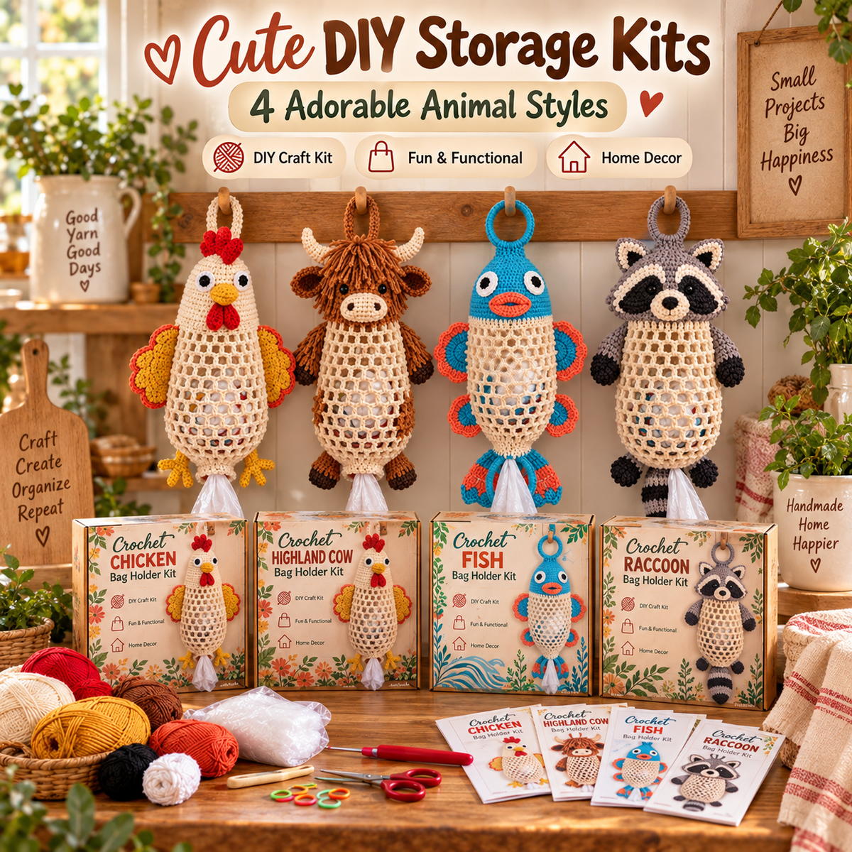 Crochet Animal Bag Holder DIY Kit – Hanging Storage Craft Project
