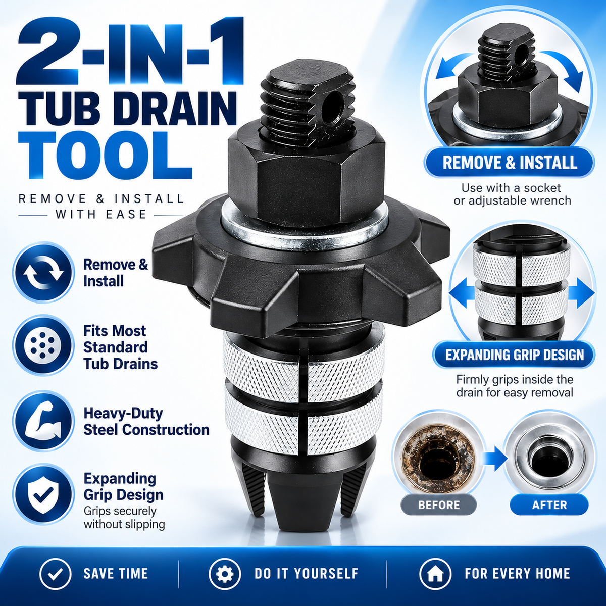 2-in-1 Tub Drain Removal & Installation Tool – Expanding Grip Design