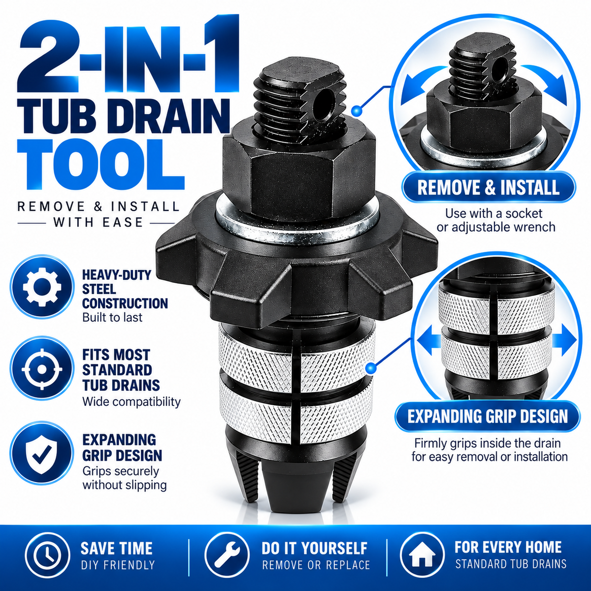 2-in-1 Tub Drain Removal & Installation Tool – Expanding Grip Design