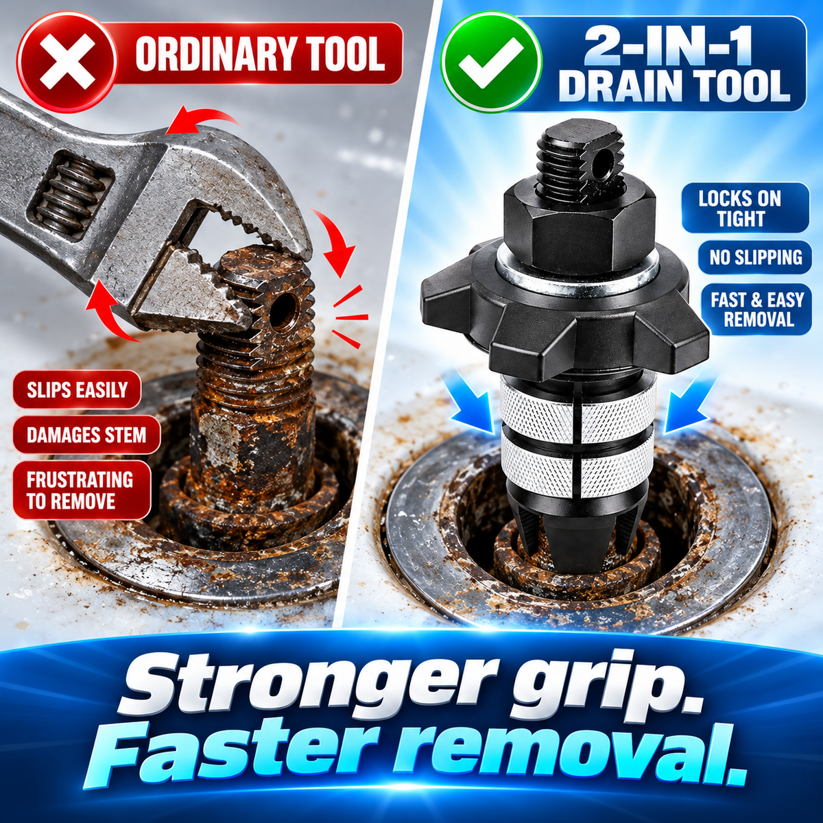 2-in-1 Tub Drain Removal & Installation Tool – Expanding Grip Design