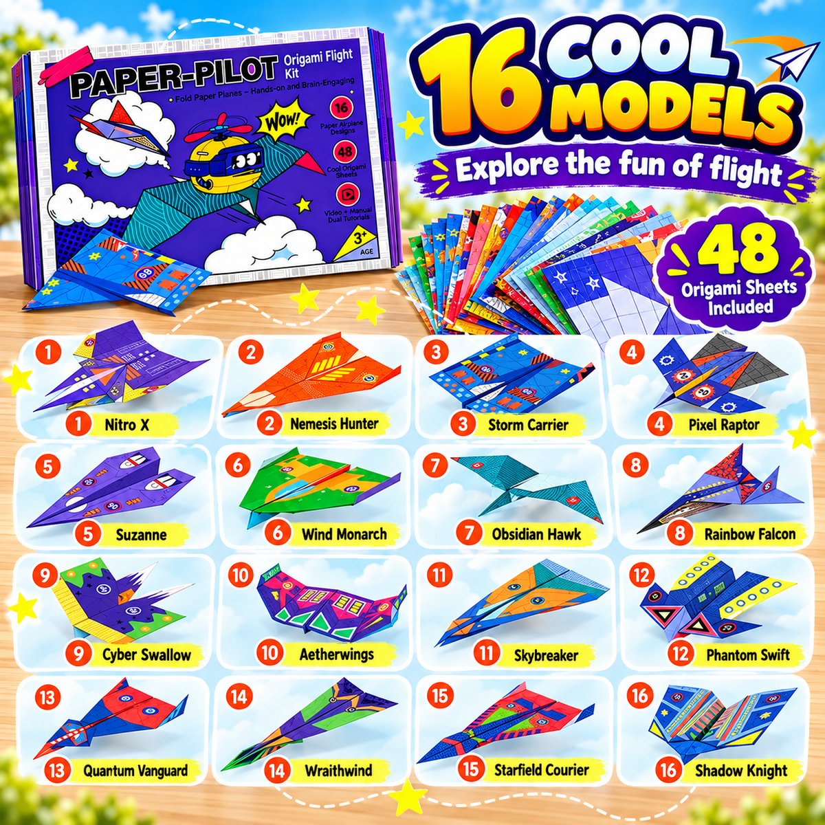 DIY Paper Airplane Kit – 16 Fun Designs & 48 Origami Sheets