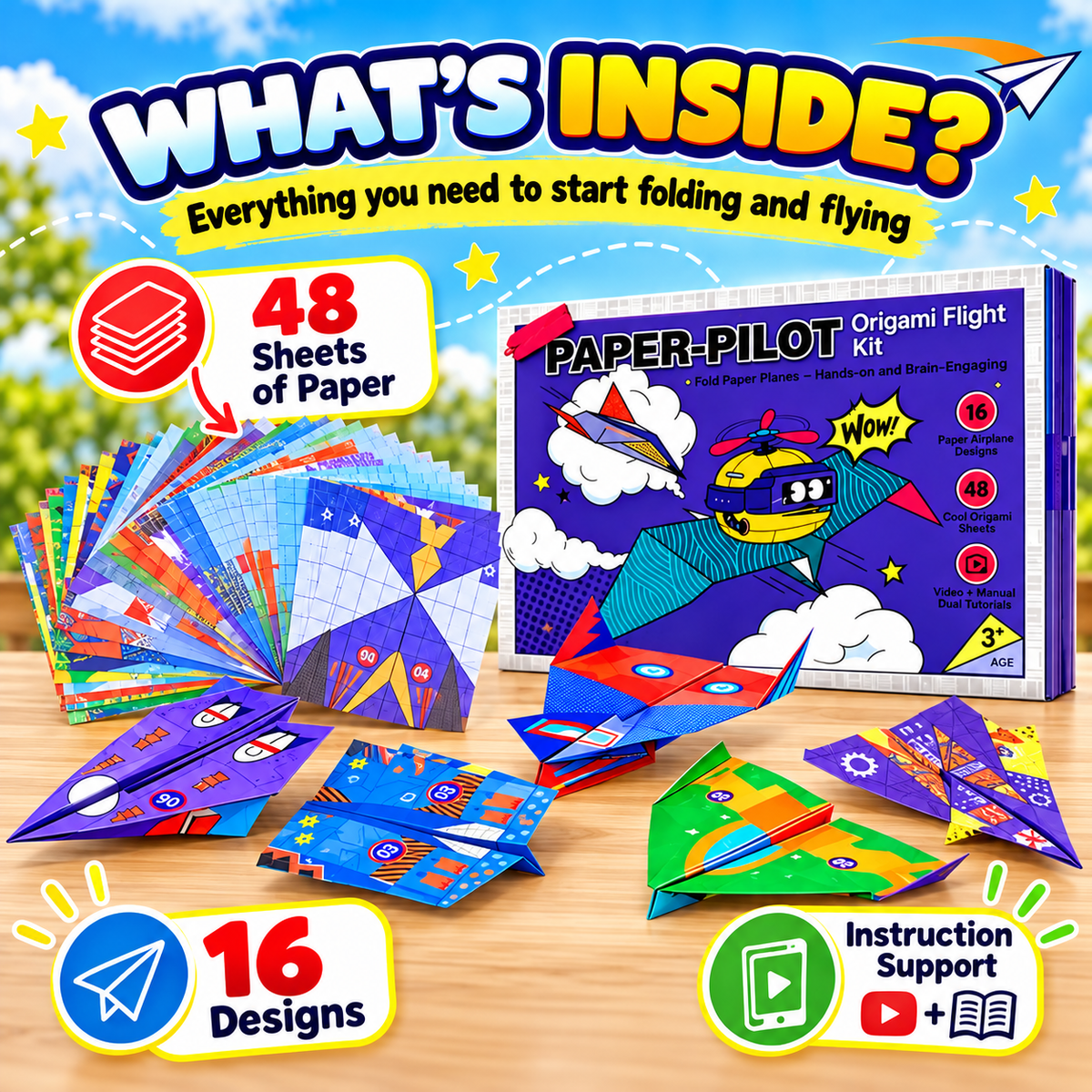 DIY Paper Airplane Kit – 16 Fun Designs & 48 Origami Sheets