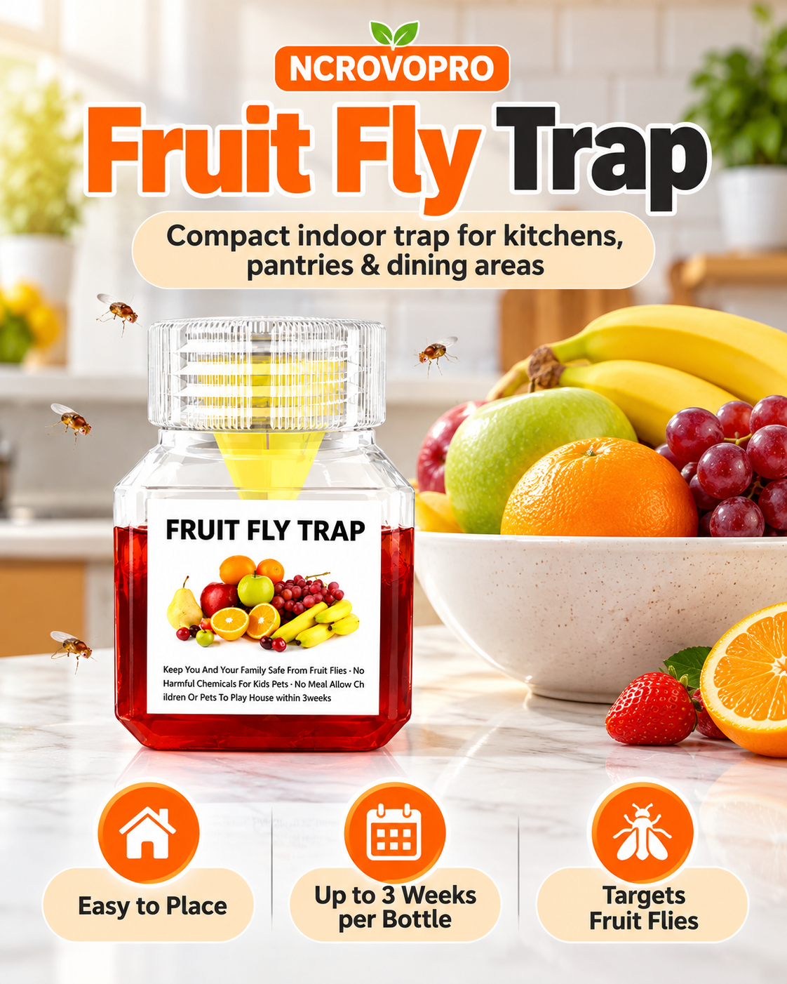 Fruit Fly Trap – Easy-to-Use Indoor Fruit Fly Catcher, Up to 3 Weeks per Bottle