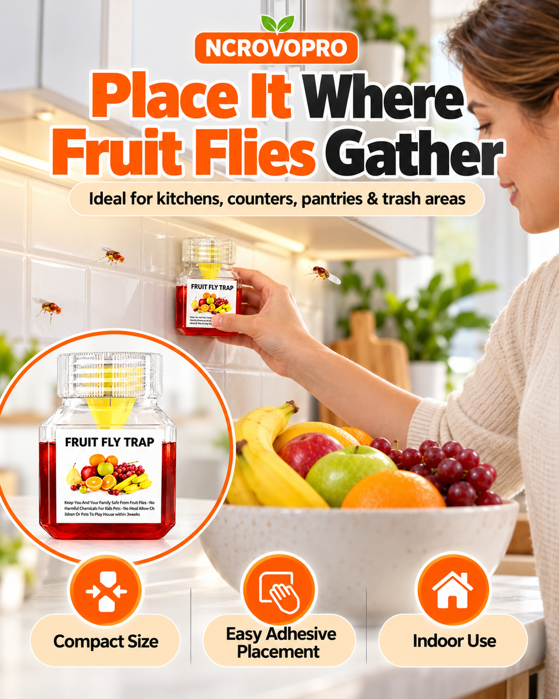 Fruit Fly Trap – Easy-to-Use Indoor Fruit Fly Catcher, Up to 3 Weeks per Bottle
