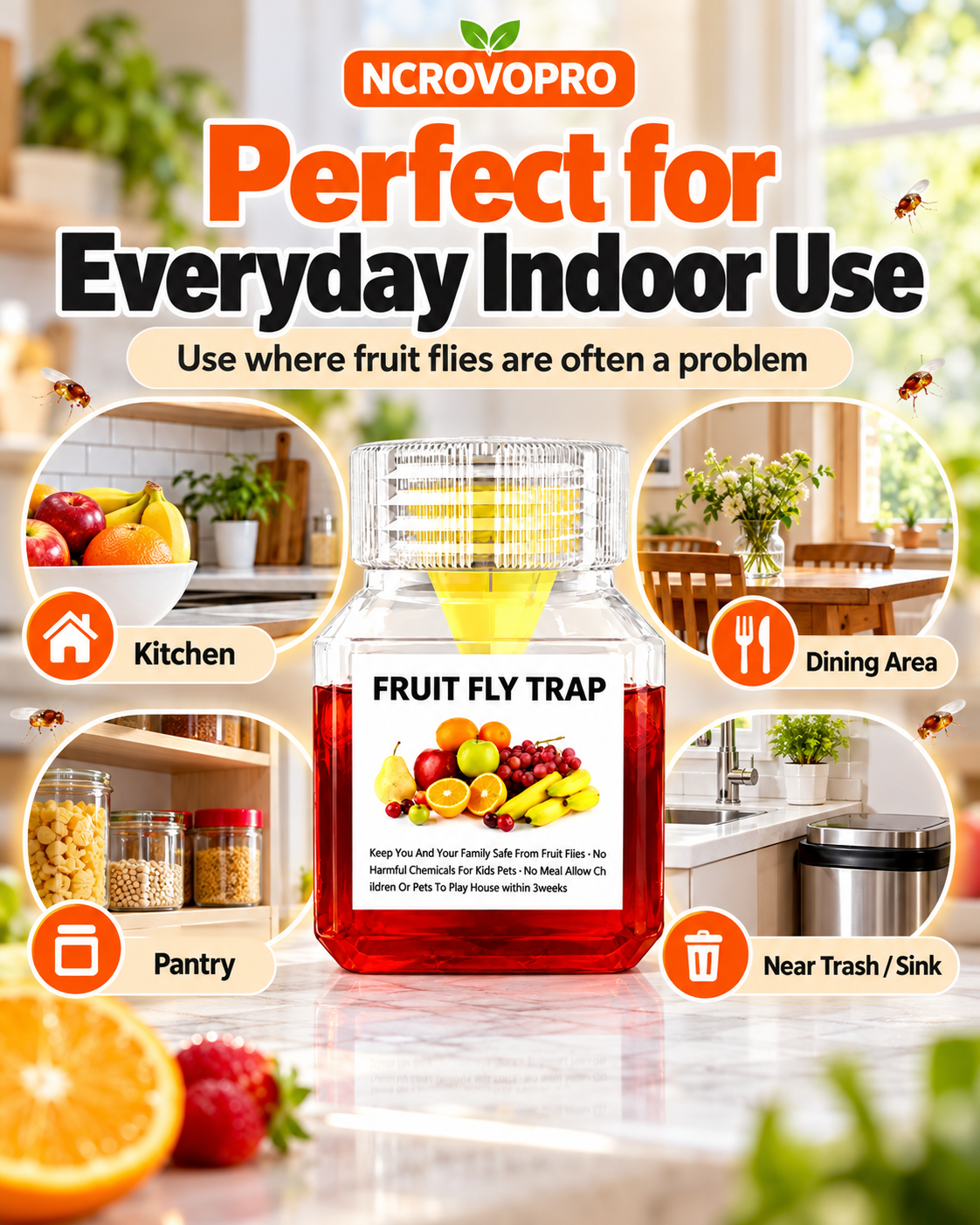 Fruit Fly Trap – Easy-to-Use Indoor Fruit Fly Catcher, Up to 3 Weeks per Bottle