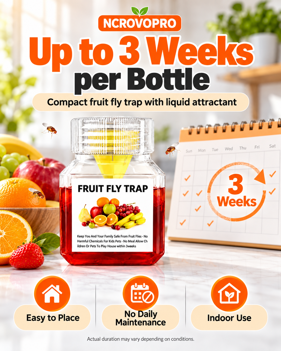 Fruit Fly Trap – Easy-to-Use Indoor Fruit Fly Catcher, Up to 3 Weeks per Bottle