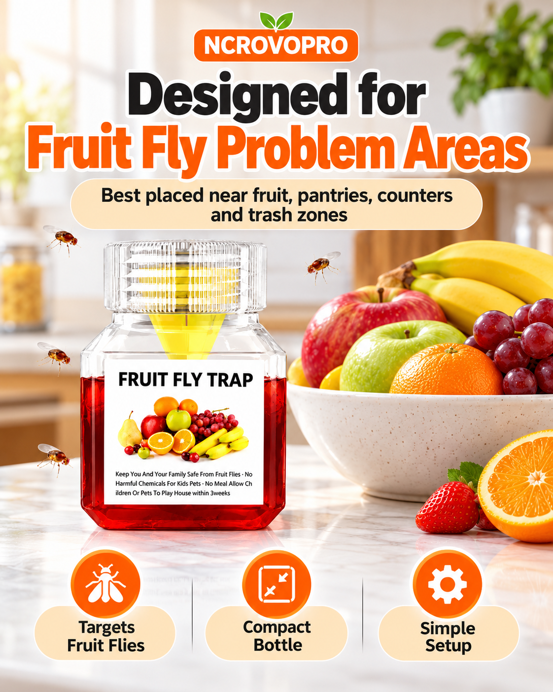 Fruit Fly Trap – Easy-to-Use Indoor Fruit Fly Catcher, Up to 3 Weeks per Bottle
