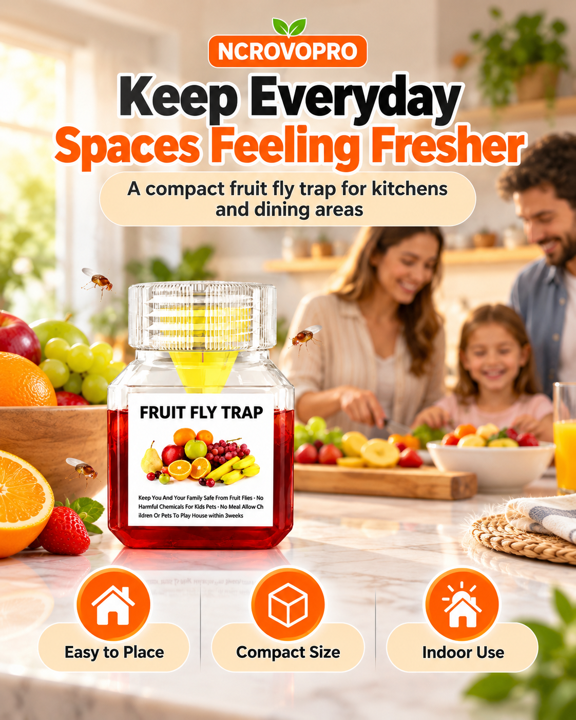 Fruit Fly Trap – Easy-to-Use Indoor Fruit Fly Catcher, Up to 3 Weeks per Bottle
