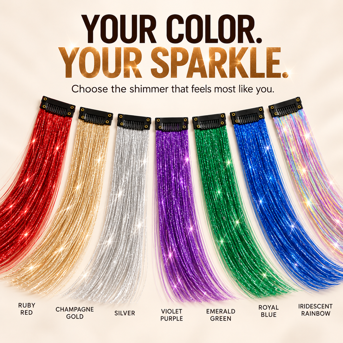 Clip-In Hair Tinsel Extensions | Removable Sparkle, 10 Pcs