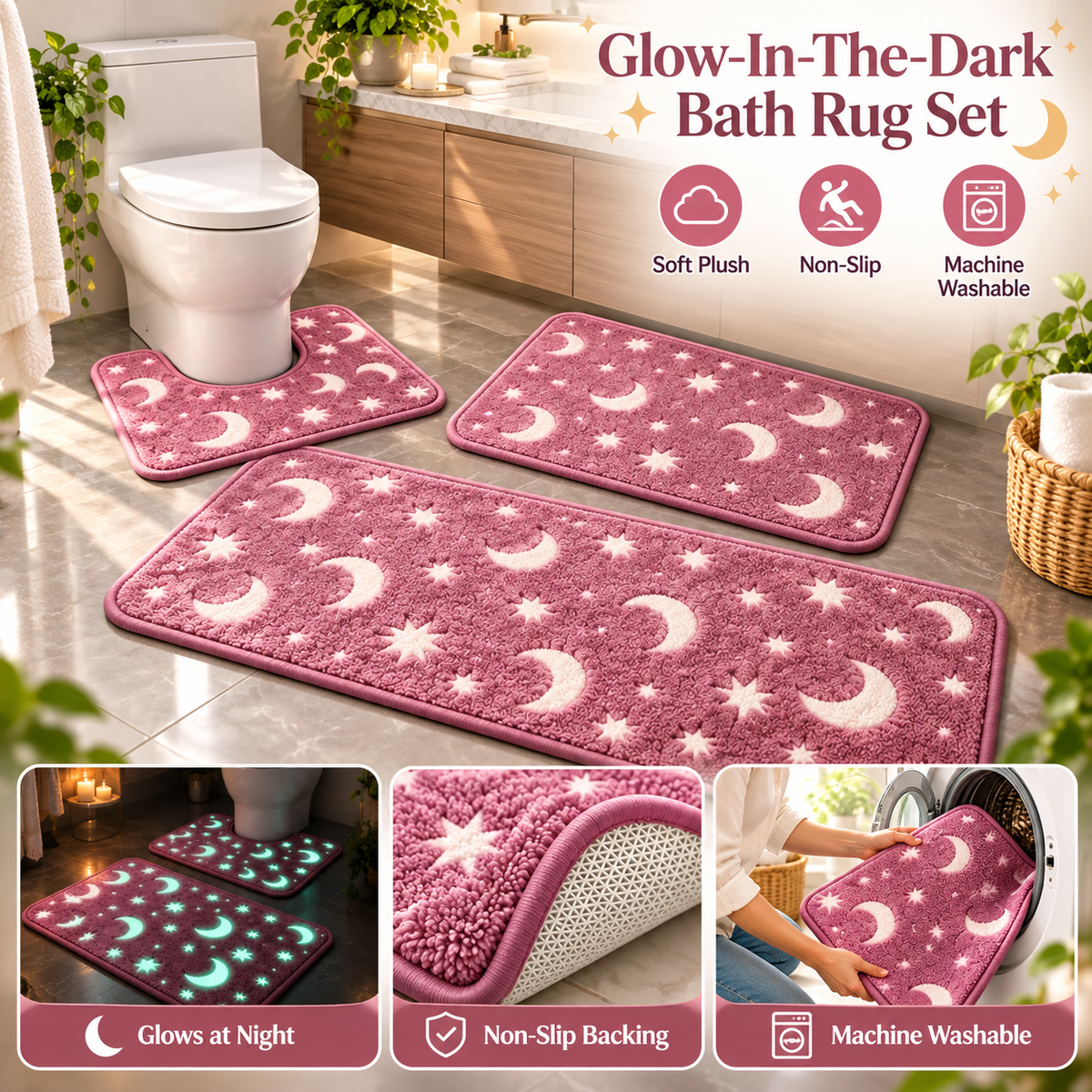 🌙 Glow-in-the-Dark Moon & Star Bathroom Rug Set – 3 Pieces
