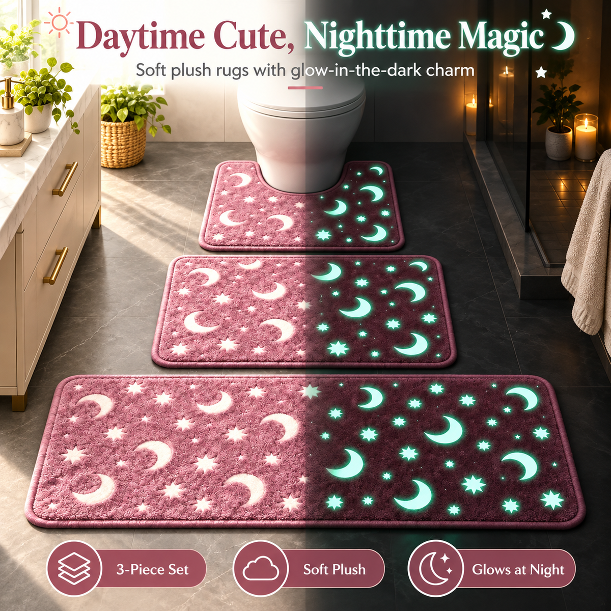 🌙 Glow-in-the-Dark Moon & Star Bathroom Rug Set – 3 Pieces