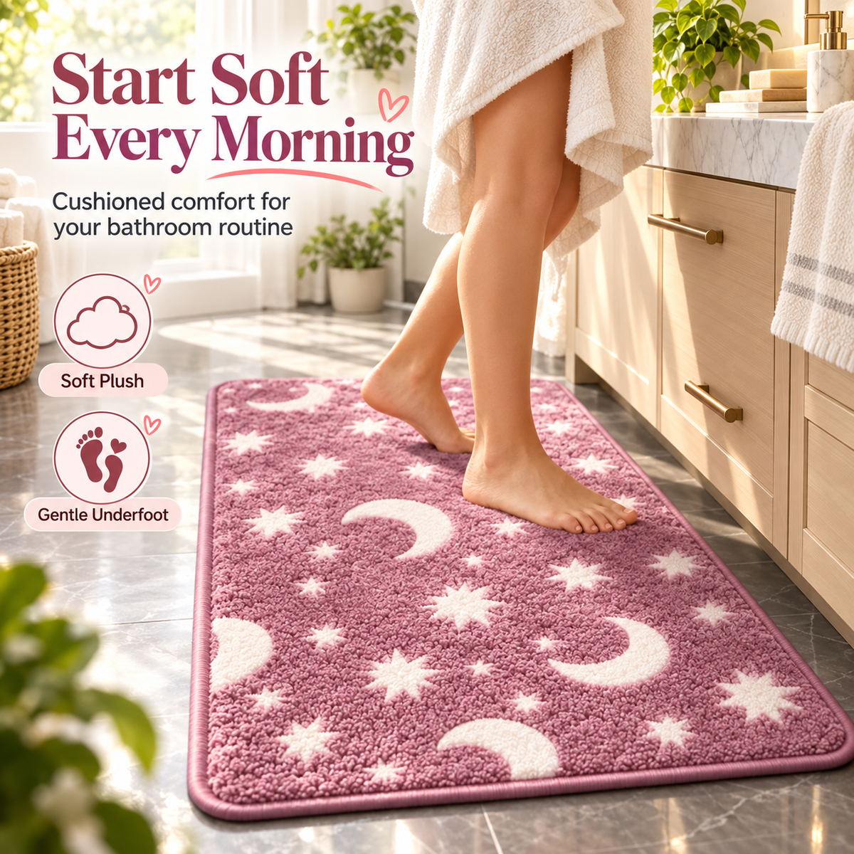 🌙 Glow-in-the-Dark Moon & Star Bathroom Rug Set – 3 Pieces