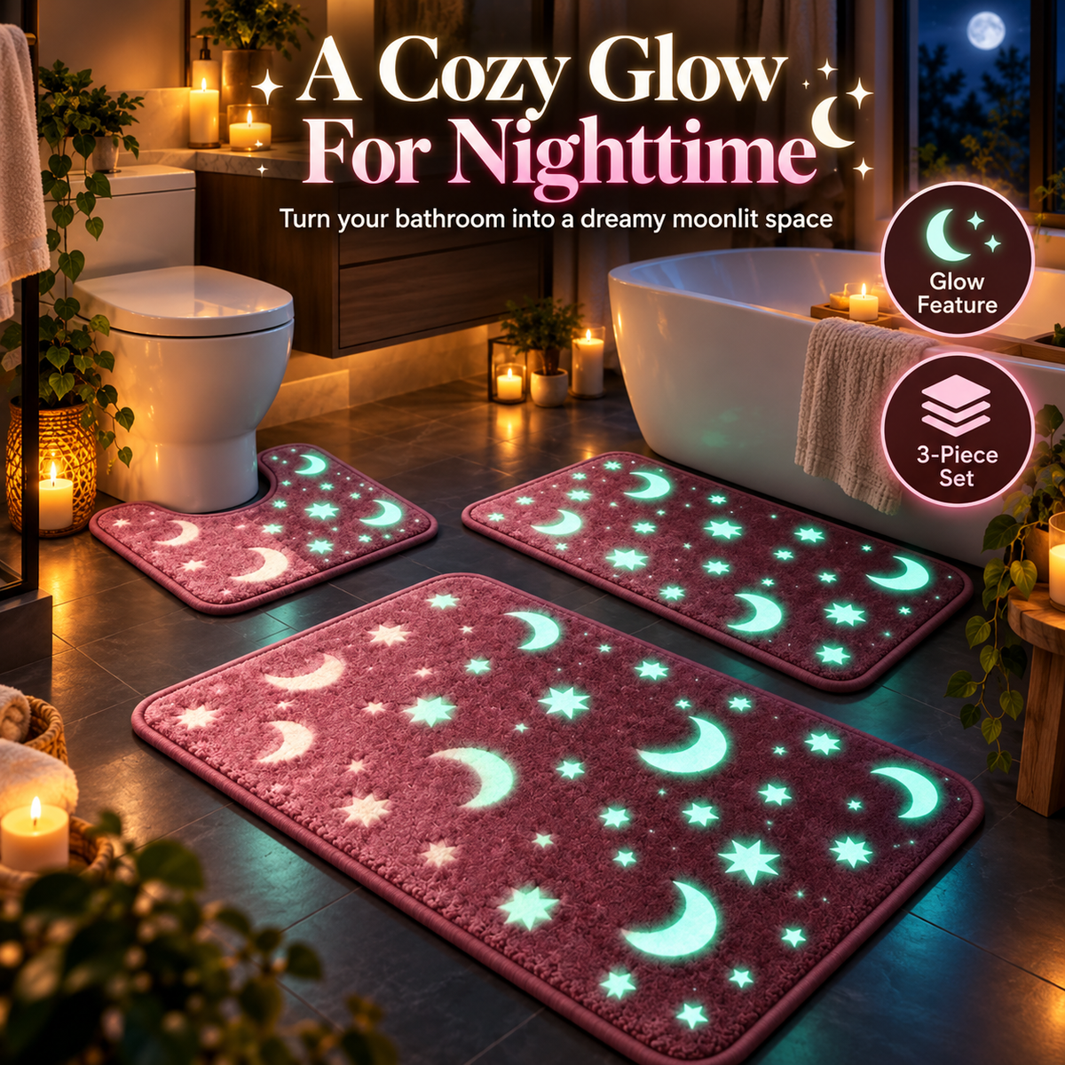 🌙 Glow-in-the-Dark Moon & Star Bathroom Rug Set – 3 Pieces