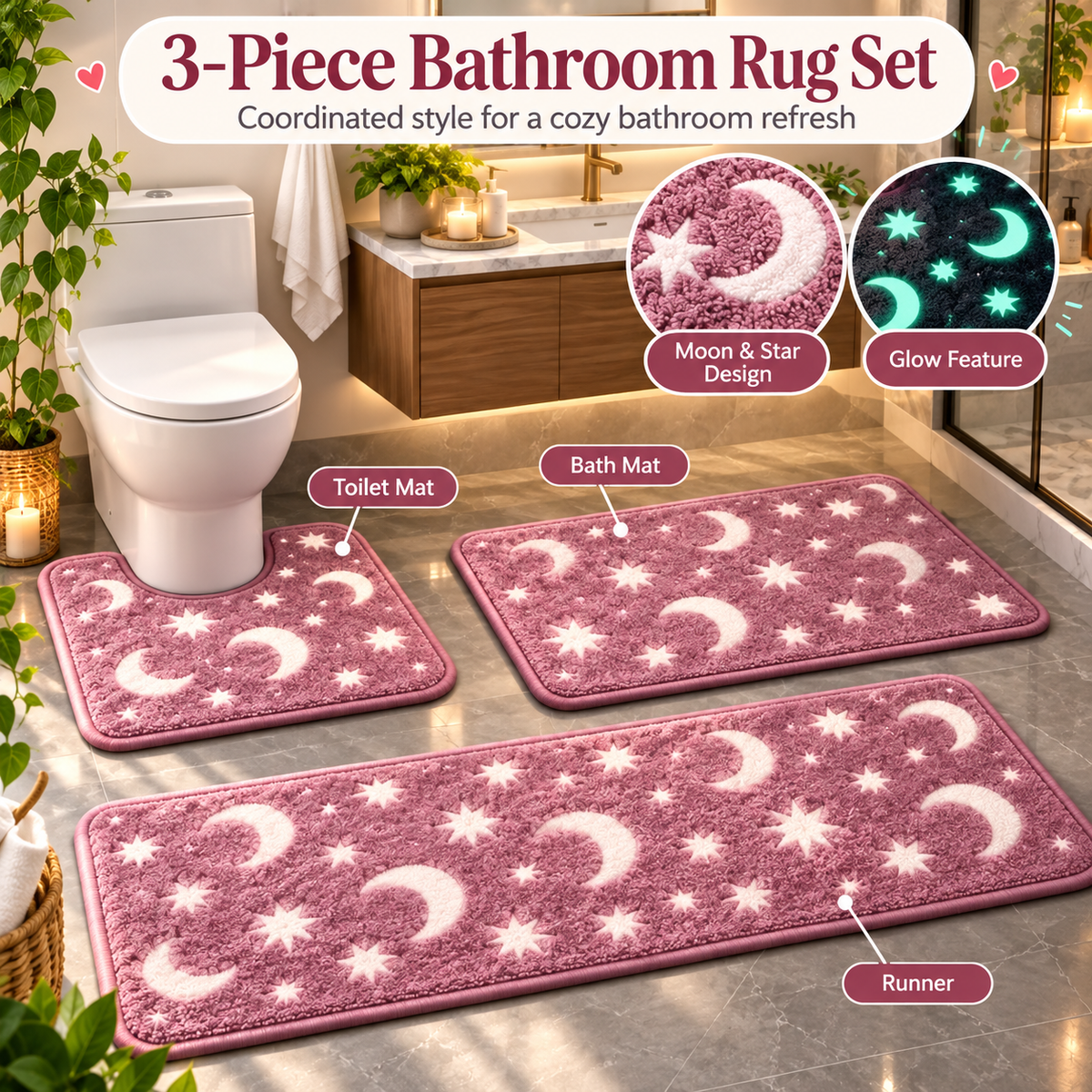 🌙 Glow-in-the-Dark Moon & Star Bathroom Rug Set – 3 Pieces