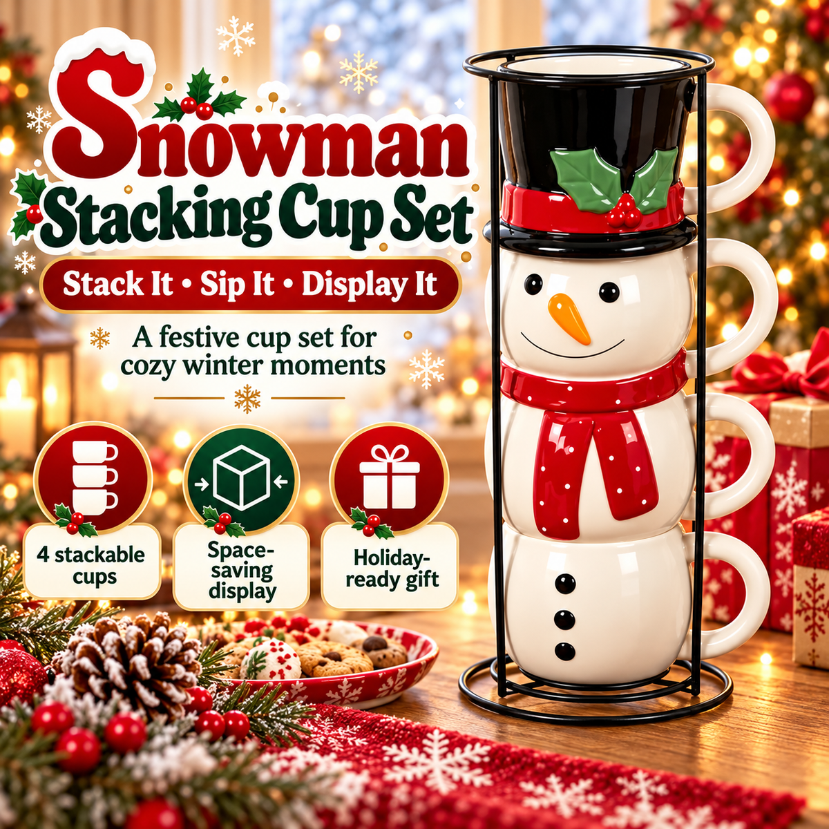 ☃️🎄 Snowman Stacking Mug Set – 4-Piece Ceramic Christmas Cups & Festive Holiday Gift🎁