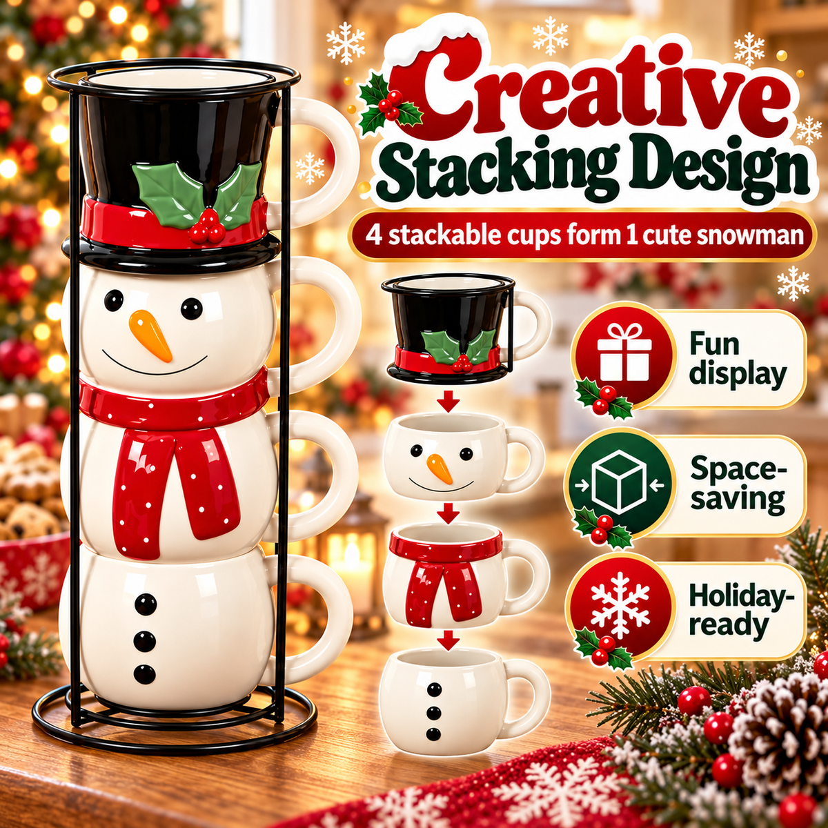 ☃️🎄 Snowman Stacking Mug Set – 4-Piece Ceramic Christmas Cups & Festive Holiday Gift🎁