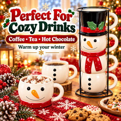 ☃️🎄 Snowman Stacking Mug Set – 4-Piece Ceramic Christmas Cups & Festive Holiday Gift🎁