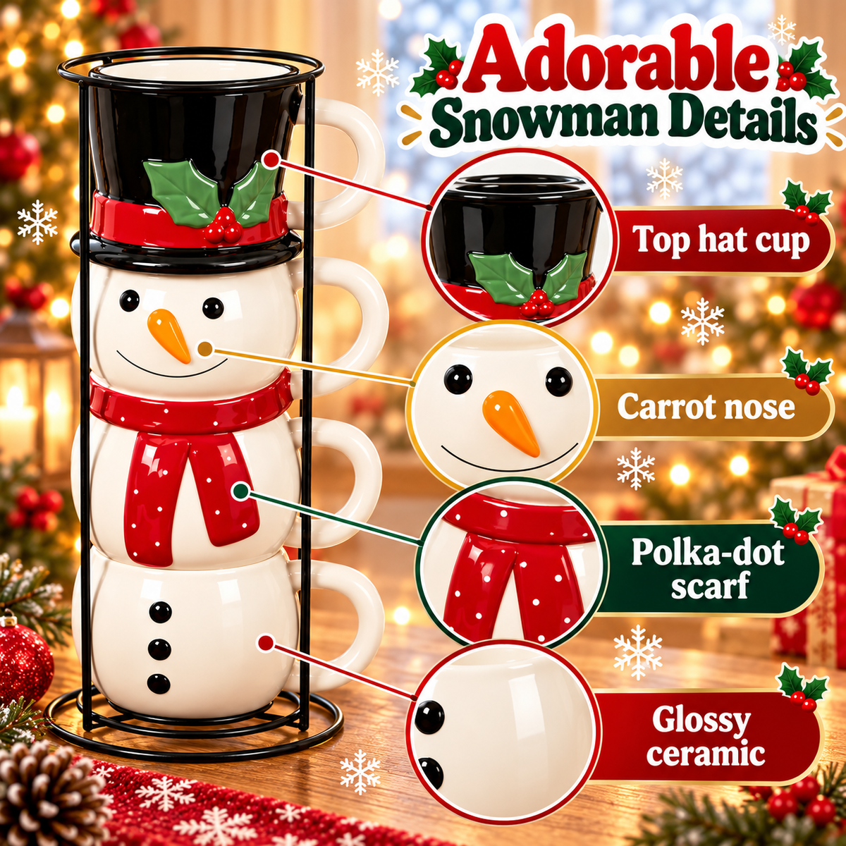 ☃️🎄 Snowman Stacking Mug Set – 4-Piece Ceramic Christmas Cups & Festive Holiday Gift🎁