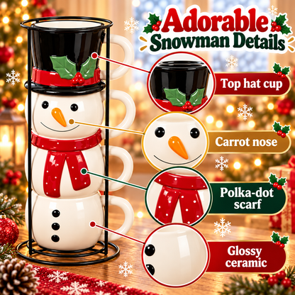 ☃️🎄 Snowman Stacking Mug Set – 4-Piece Ceramic Christmas Cups & Festive Holiday Gift🎁