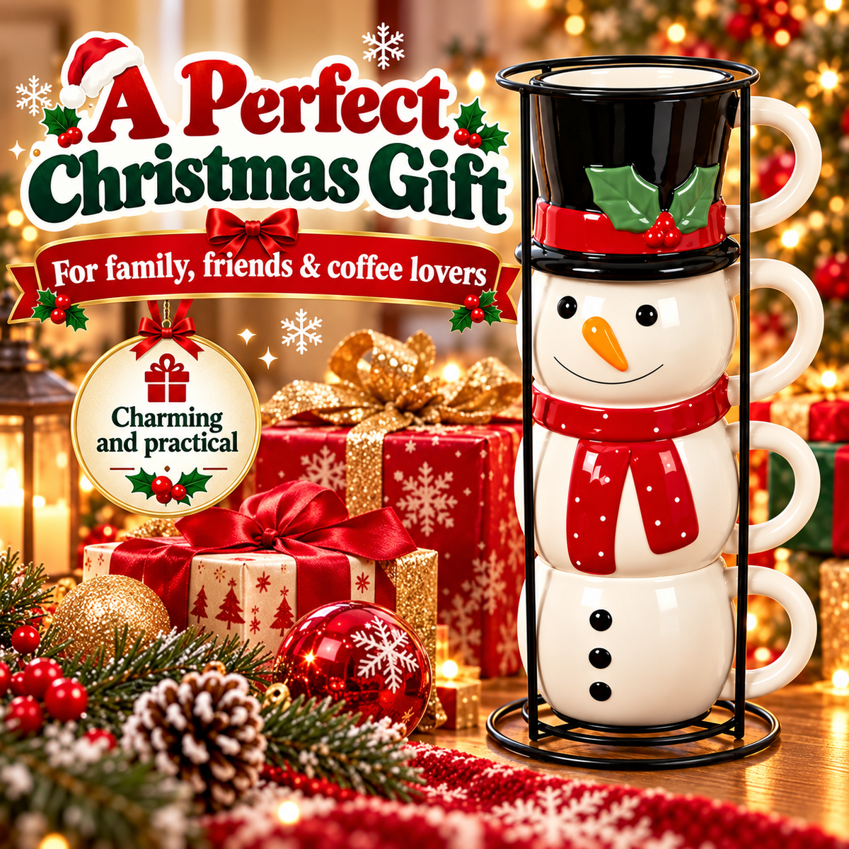 ☃️🎄 Snowman Stacking Mug Set – 4-Piece Ceramic Christmas Cups & Festive Holiday Gift🎁