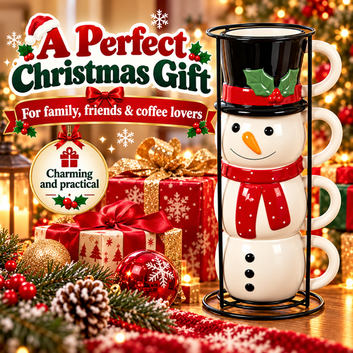 ☃️🎄 Snowman Stacking Mug Set – 4-Piece Ceramic Christmas Cups & Festive Holiday Gift🎁