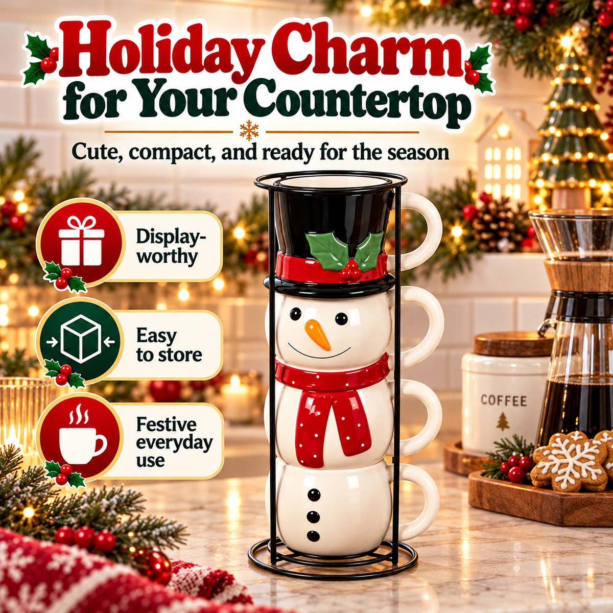 ☃️🎄 Snowman Stacking Mug Set – 4-Piece Ceramic Christmas Cups & Festive Holiday Gift🎁