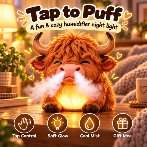 🐮 Highland Cow Huff – Tap-to-Puff Humidifier & Colorful Night Light ✨🎁