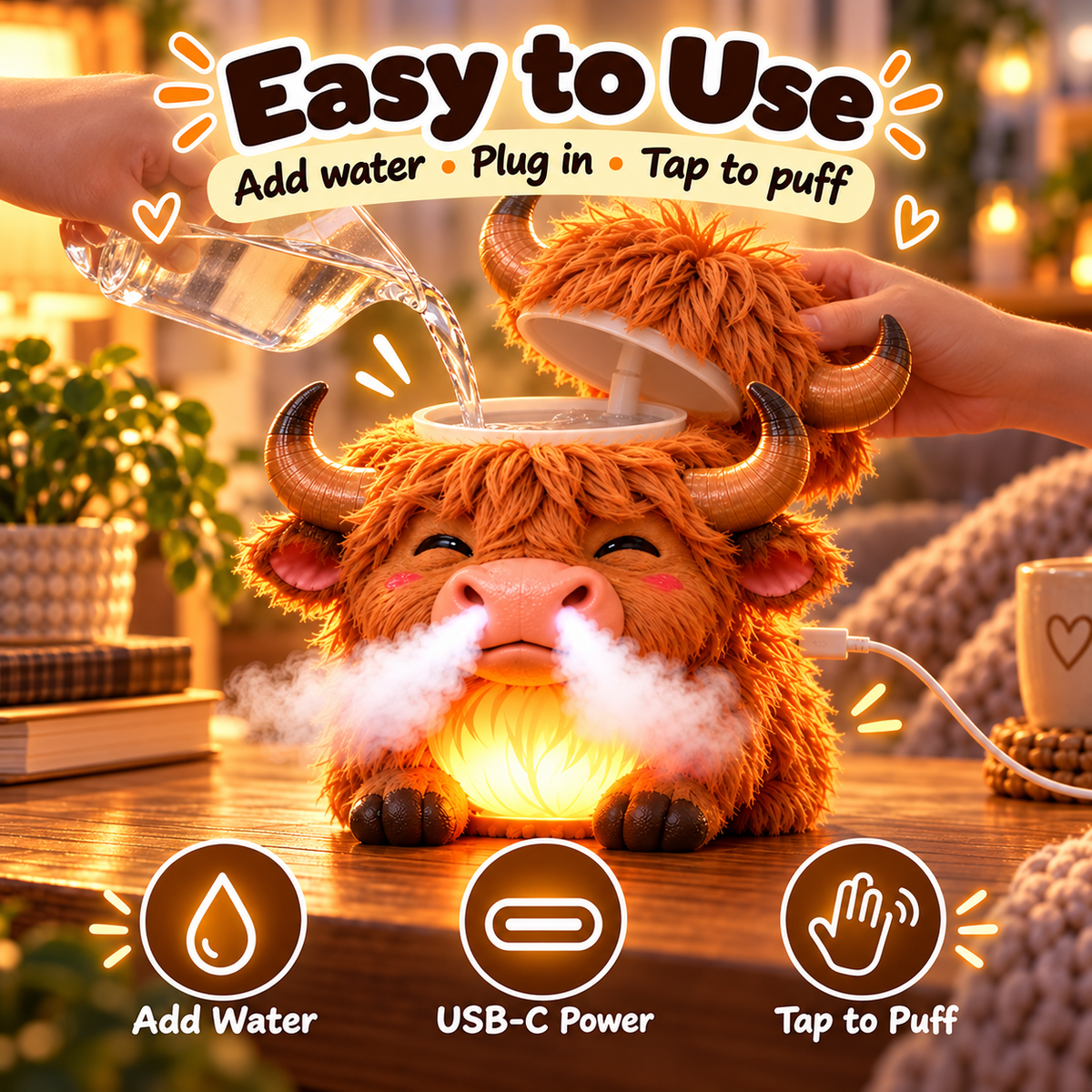 🐮 Highland Cow Huff – Tap-to-Puff Humidifier & Colorful Night Light ✨🎁