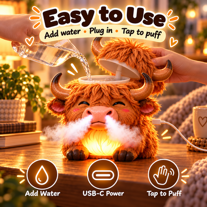 🐮 Highland Cow Huff – Tap-to-Puff Humidifier & Colorful Night Light ✨🎁