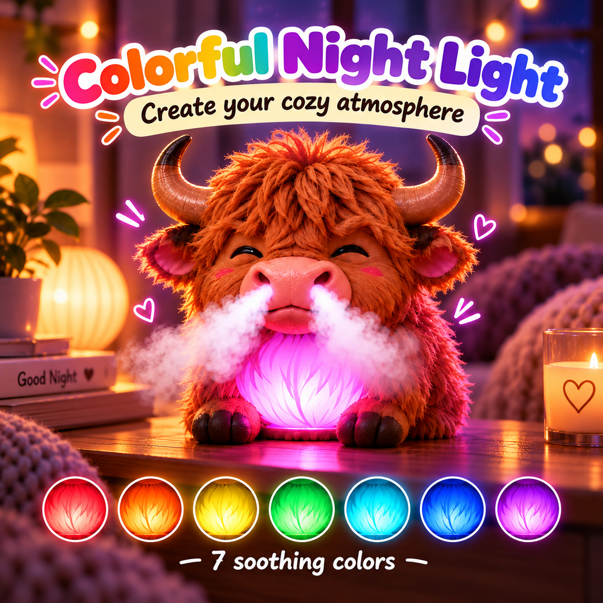 🐮 Highland Cow Huff – Tap-to-Puff Humidifier & Colorful Night Light ✨🎁