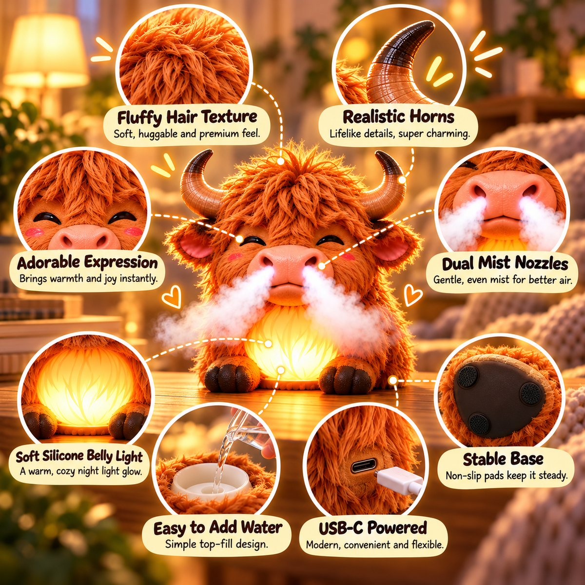 🐮 Highland Cow Huff – Tap-to-Puff Humidifier & Colorful Night Light ✨🎁