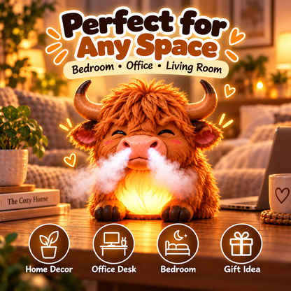 🐮 Highland Cow Huff – Tap-to-Puff Humidifier & Colorful Night Light ✨🎁