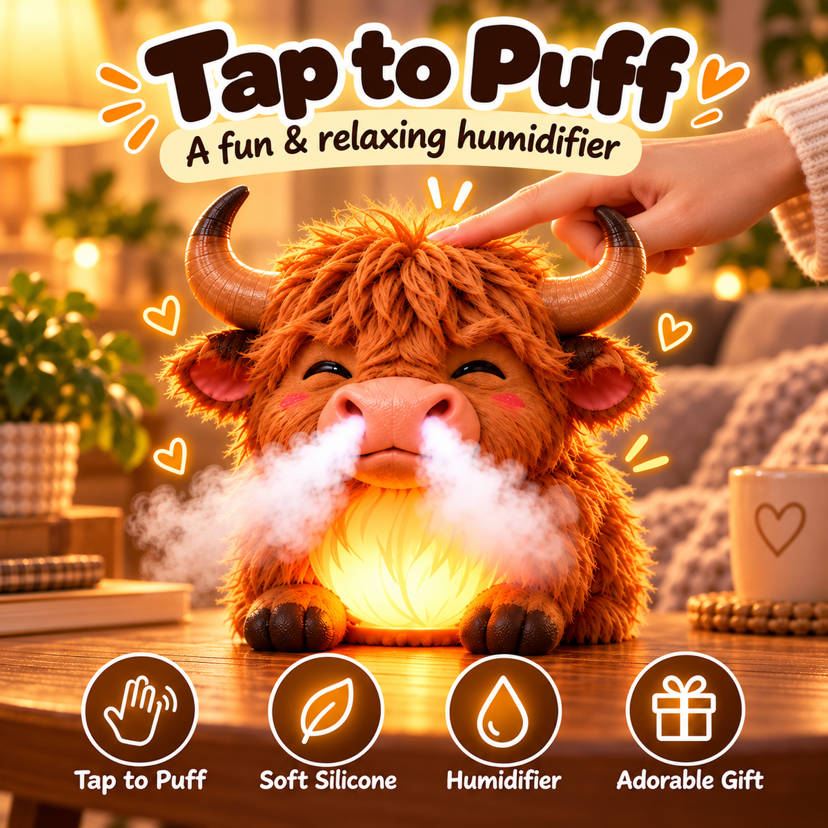 🐮 Highland Cow Huff – Tap-to-Puff Humidifier & Colorful Night Light ✨🎁